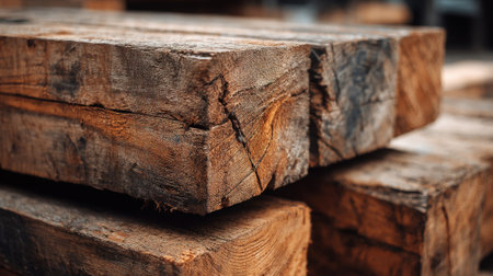 Richly textured wooden planks are stacked in a sunlit workshop highlighting natural beauty and craftsmanship.の素材