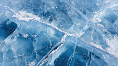 Crystal clear ice forms stunning patterns on an untouched frozen lake during winter days.の素材