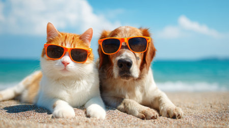 A cat and dog relax on the warm sand sporting stylish sunglasses under a bright blue sky.の素材