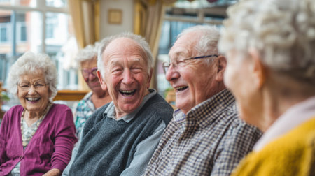 Laughter fills the room as seniors enjoy time together sharing stories and warmth in good company.の素材