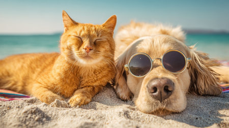 A golden retriever wears sunglasses while resting next to a relaxed orange cat on the beach.の素材