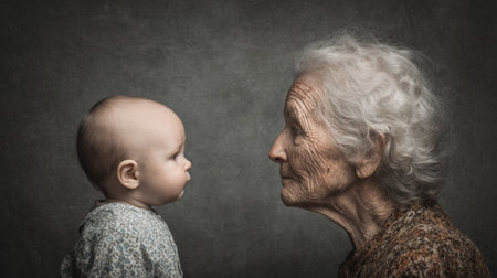 A baby and an elderly woman gaze into each others eyes revealing a profound connection across ages.の素材