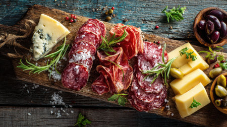 A vibrant display of cured meats cheeses olives and herbs arranged on a rustic wooden board.の素材