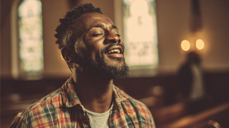 A man with a joyful expression sings passionately in a quiet church illuminated by soft light.の素材