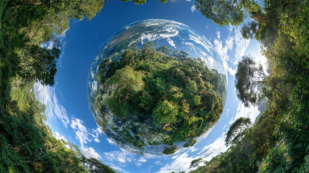 Lush green trees envelop a small planet showcasing natures beauty against a clear sky.の素材