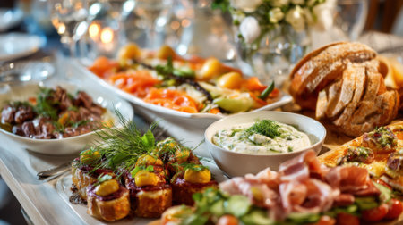 A vibrant table filled with various appetizers fresh herbs and bread perfect for a summer celebration.の素材