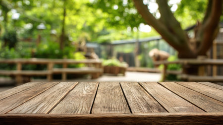 Wooden table sits peacefully in a tranquil park filled with greenery and animal enclosures.の素材