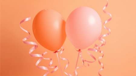 Two balloons one peach and one pink float cheerfully with ribbons on a soft pastel background.の素材