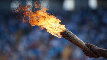 A person raises a gleaming torch flames erupting bright against a cheering crowd in the background.の素材