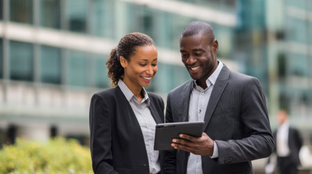 Two professionals collaborate outside an office building engaging with a tablet and smiling warmly.の素材
