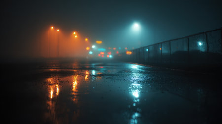 Moist streets reflect vibrant lights while thick fog creates a mysterious serene atmosphere.の素材