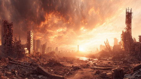 Dark clouds loom over crumbling buildings as the sun sets casting a warm glow on the devastation below.の素材