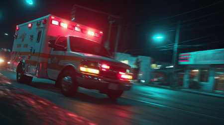 An ambulance speeds down the urban road lights flashing and sirens wailing on a night mission.の素材