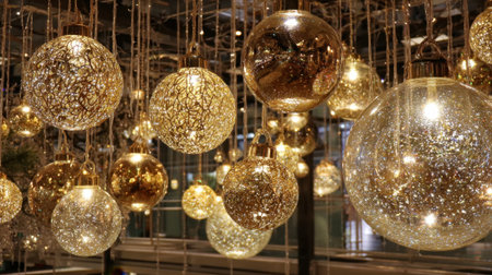 Delicate ornaments shimmer softly illuminating a cozy space during the holiday season.の素材
