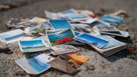 Colorful travel snapshots lie scattered on the pavement telling stories of adventure and joy.の素材