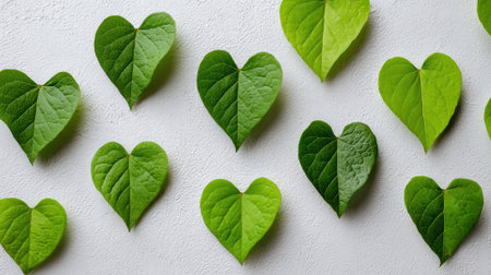 Various shades of green leaves shaped like hearts are artistically laid on a light surface showcasing natures beauty.の素材