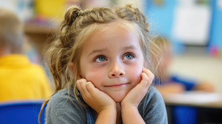 A thoughtful girl sits at her desk resting her chin on her hands with a dreamy expression in class.の素材