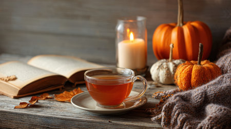 A warm cup of tea rests beside pumpkins and a candle with a book inviting quiet moments of reflection.の素材