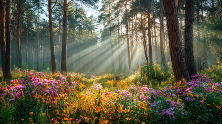 Bright sunlight streams through tall trees illuminating a meadow filled with colorful wildflowers.の素材