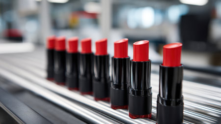 Rows of vibrant red lipsticks await packing in a modern cosmetics factory during work hours.の素材
