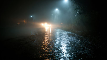 Heavy rain creates reflections on a dark road as vehicles pass through the misty scene.の素材