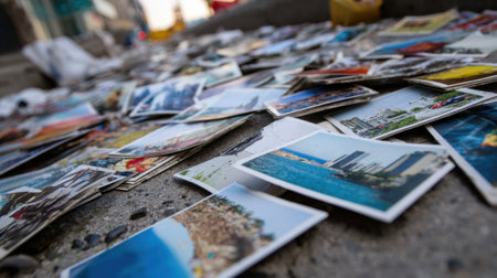 Postcards featuring vibrant scenes await discovery on the ground capturing seaside adventures and cityscapes.の素材