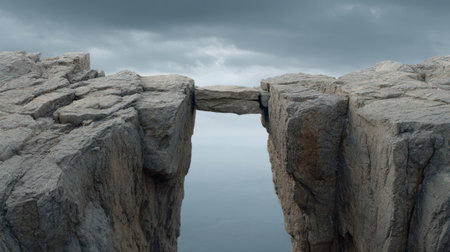 A stunning rock formation connects cliffs above a deep canyon as stormy skies loom overhead.の素材