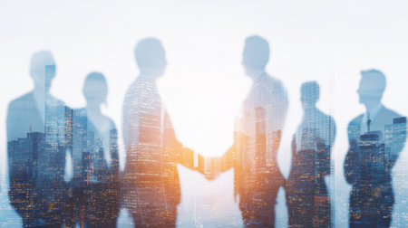 Silhouettes of business people shake hands while bustling city lights glow in the background at dusk.の素材