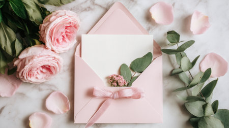 Soft pink roses and green leaves surround a lovely greeting card creating a serene atmosphere.の素材