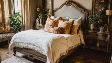 Soft linens adorn a beautifully crafted wooden bed in a charming vintage style bedroom filled with plants.の素材