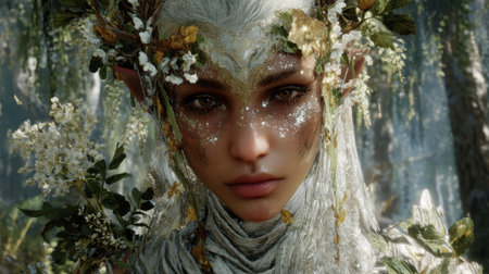 A mystical forest spirit with sparkling features stands in a vibrant woodland exuding calmness and beauty.の素材