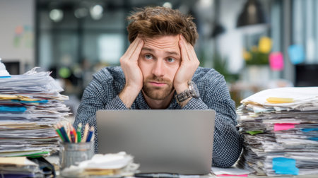 Overwhelmed man sits at his desk with papers everywhere struggling to manage work tasks.の素材