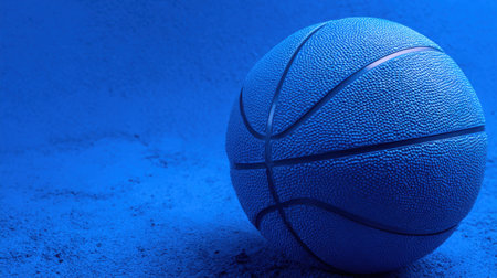 Basketball sits on a textured surface under vibrant blue lighting creating a striking visual effect.の素材