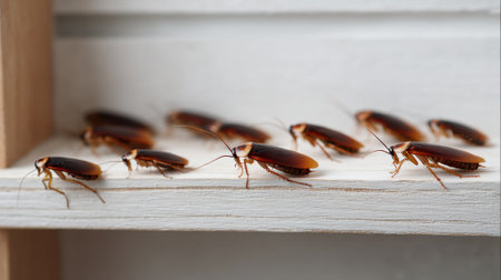 Small brown cockroaches crawl on a white wooden shelf in a bright indoor setting.の素材