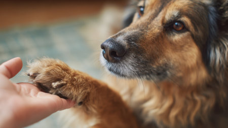 A dog shares a sweet moment with a human offering its paw for a shake symbolizing friendship.の素材
