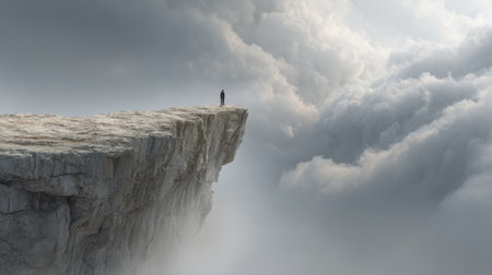 Solitary figure gazes into the vastness from a dramatic cliff surrounded by swirling clouds.の素材