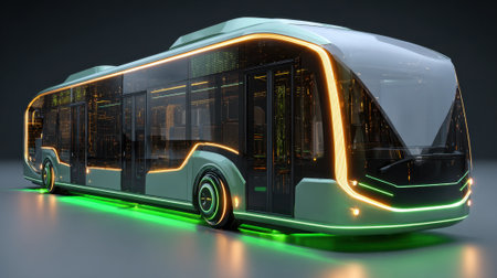 A sleek electric bus designed for modern urban transport illuminated with vibrant lights during the night.の素材
