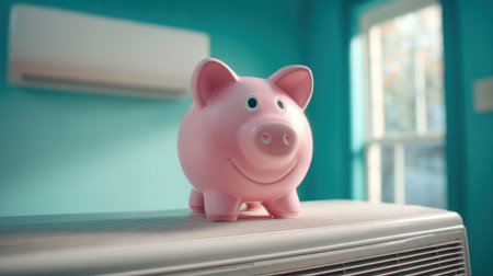 A cheerful pink piggy bank sits on an air conditioning unit brightening up the room with its smile.の素材