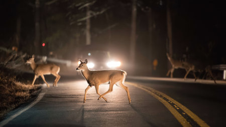 Deer move cautiously across a quiet road at night with headlights shining brightly around them.の素材