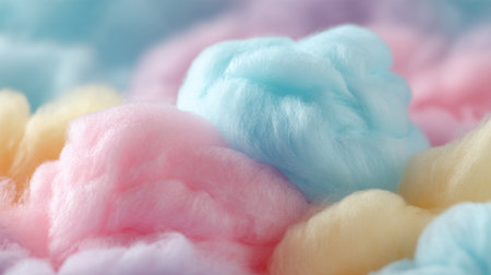 Fluffy cotton candy in pink blue and yellow hues creates a dreamy whimsical scene at a fair.の素材
