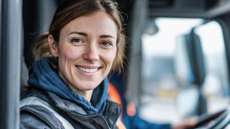 A cheerful woman driver is operating her truck showcasing her confidence and skill in the city.の素材