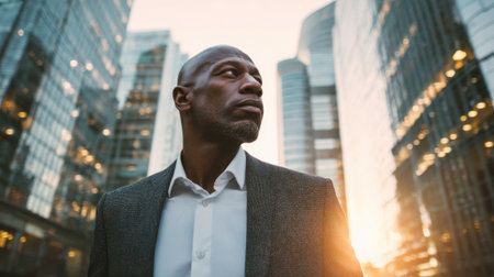 A man exudes confidence as he stands among towering glass buildings during sunset.の素材