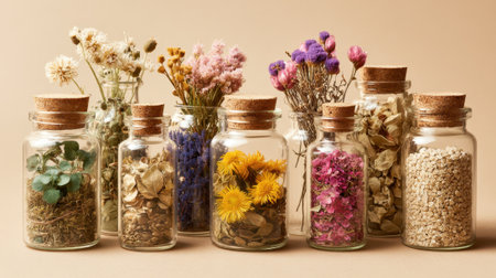 Beautiful jars display an array of dried flowers and natural materials enhancing a calm cozy space.の素材