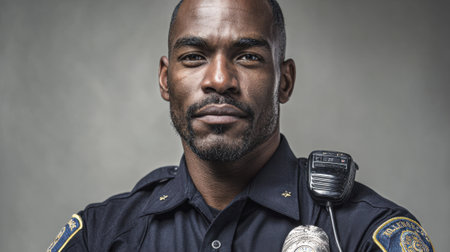 A police officer poses confidently showing dedication and strength while wearing his uniform.の素材