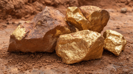 Golden rocks rest on brown soil in a mining site glimmering under a clear sky in the sunlight.の素材