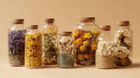 Various jars filled with vibrant dried flowers are artfully arranged against a warm background.の素材