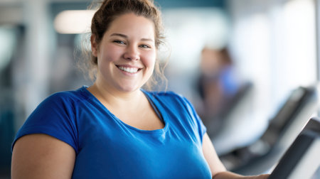 A cheerful woman with curly hair stands at the gym after a workout feeling accomplished and energized.の素材