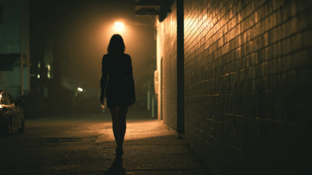 Silhouette of a woman strolls through a quiet alley under a streetlight at night.の素材