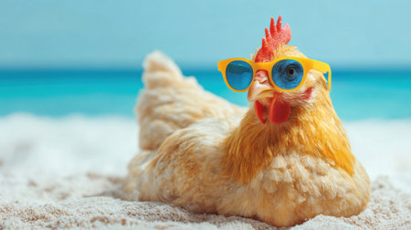 A cheerful chicken relaxes on the sand with colorful sunglasses soaking in the sun and sea view.の素材