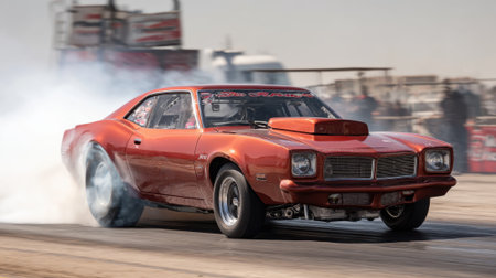 A classic muscle car races down the drag strip tires smoking while spectators cheer in the background.の素材